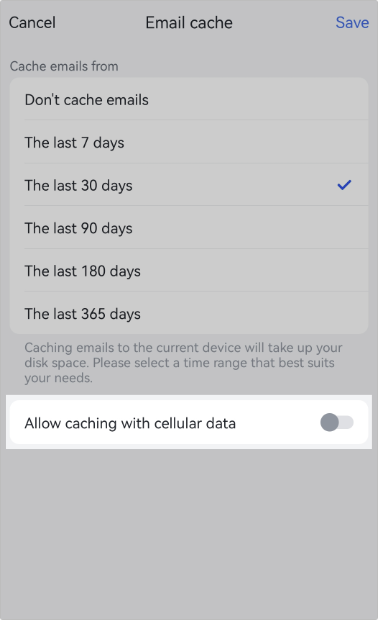 Set up email cache