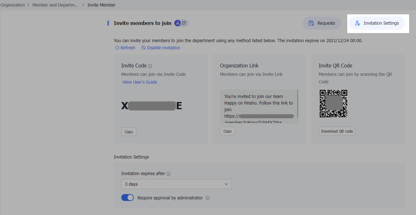 Admin | Invite users to join a department