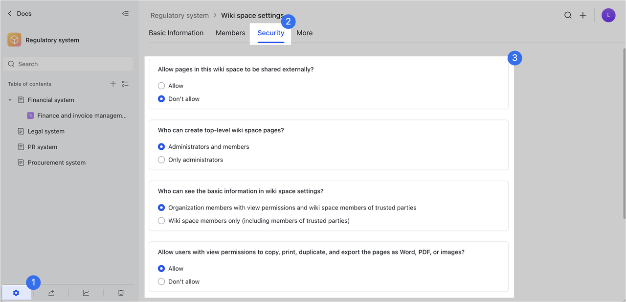 Modify wiki space security settings